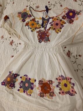 Hand Embroidered White Boho Peasant Blouse  with Colorful Floral Detail